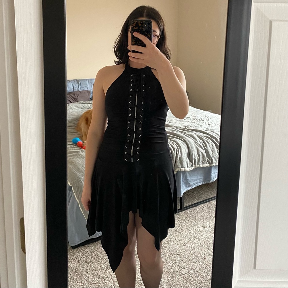 asymmetrical lace up halter dress 🖤